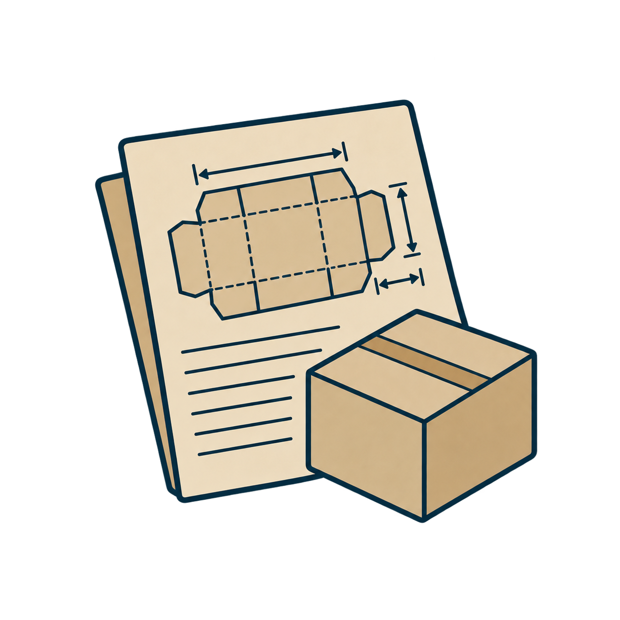 Box specification sheet showing a dieline and dimensions
